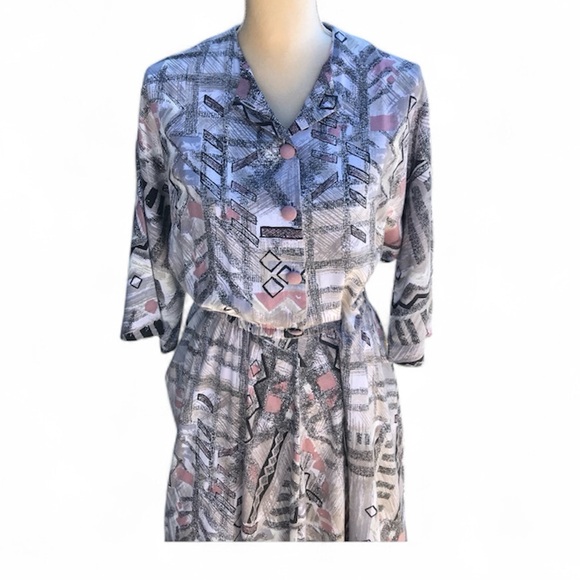 Vintage Handmade B&R Specialties Gray & Pink Geometric Dress | Size 10 - Picture 2 of 9